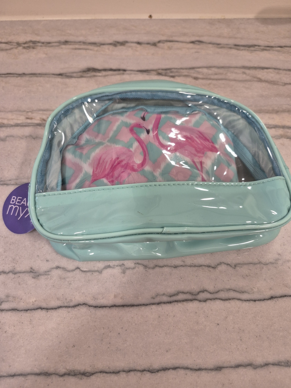 Mint Clear-Top Cosmetic Bag with Pink Flamingo Pouch